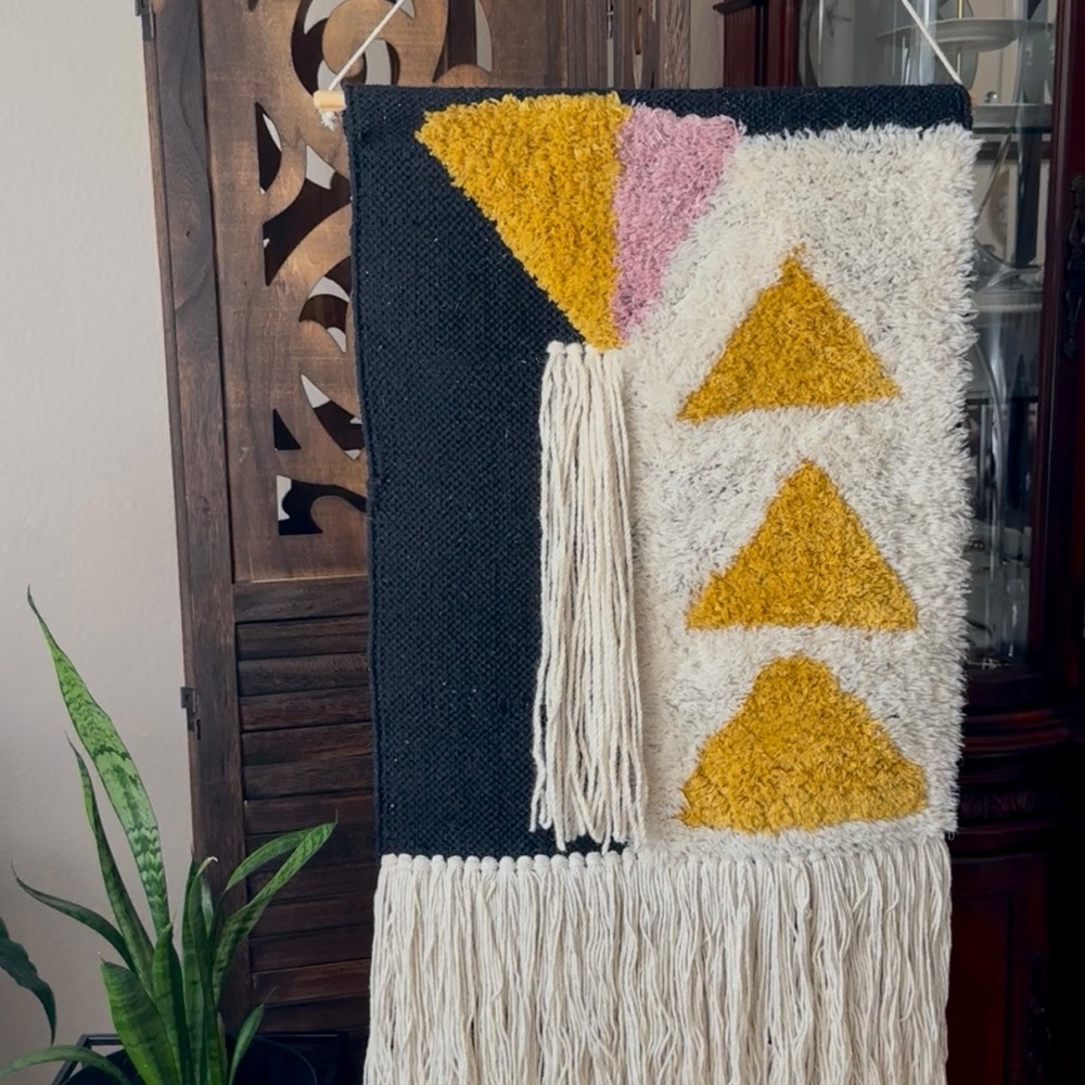 Abstract Geometric Wall Hanging in Black, Yellow, and Pink